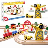 Juego de trenes de juguete de 60 piezas - Grúa y vías de madera y trenes exclusivos - Se adapta a Thomas- Brio…